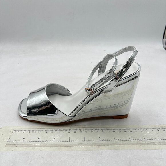 miss left Silver Open Toe Wedge High Heel Sandals Crossed Ankle Strap Shoes - Picture 2 of 8